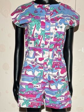 Vintage 80s Eileen Tropical Palm Tree Romper Medium 100% Cotton Button Up Retro